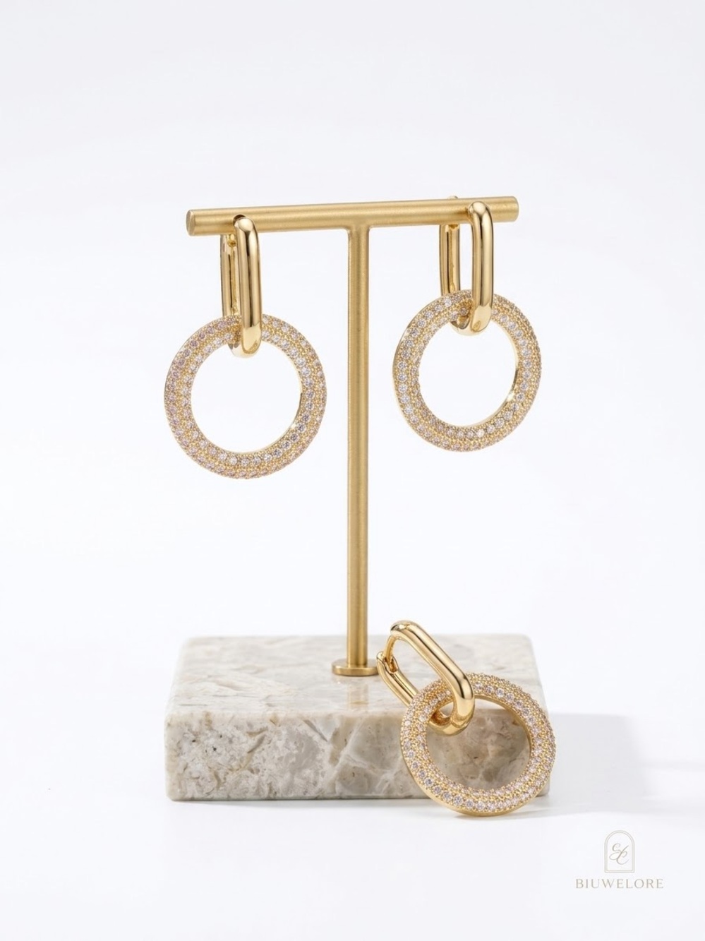 One Pair Of 14k Gold Filled Pave Circle Drop Earrings